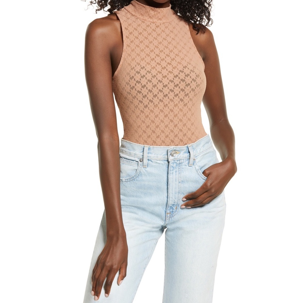 Open Edit Mock Neck Lace Bodysuit in Tan Mocha, Size Small 🤩 T15